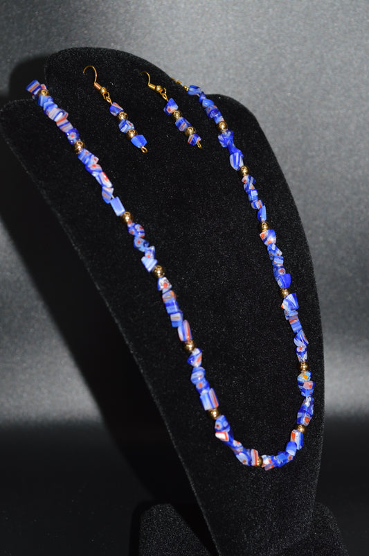 Millefiori Glass Necklace and Earring Set (Blue with Red)