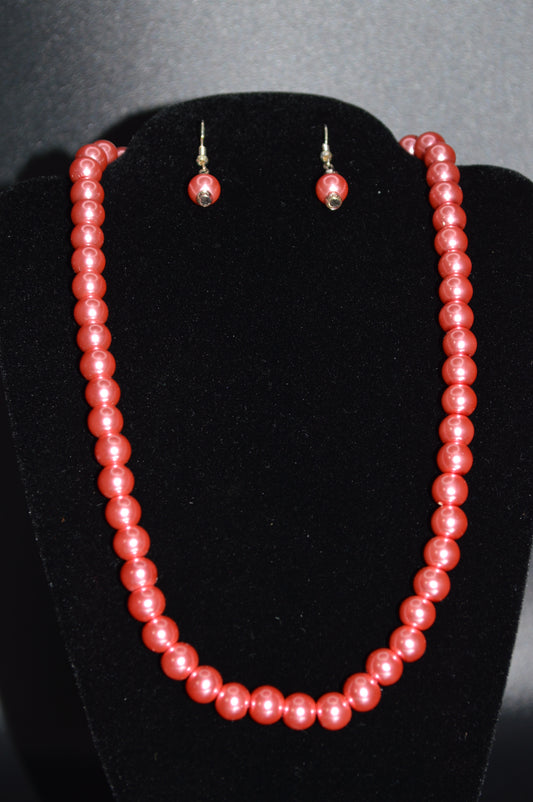 Glass Pearl Necklace and Earring Set (Pink)