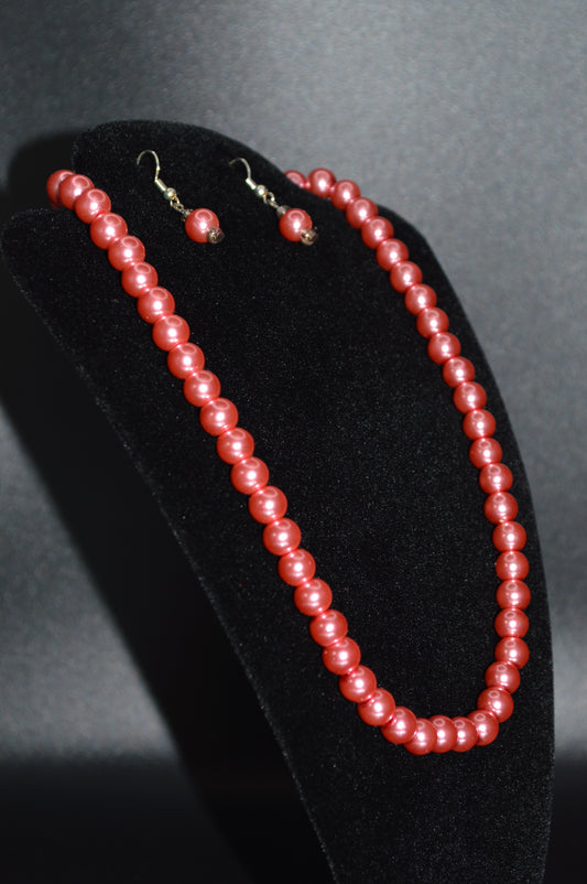 Glass Pearl Necklace and Earring Set (Pink)