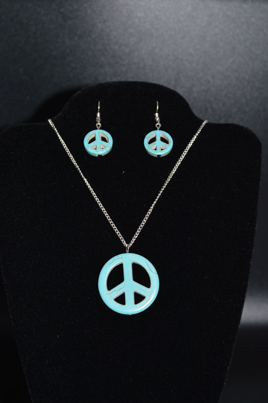 Peace Symbol Pendant Necklace and Earring Set (Turquoise)