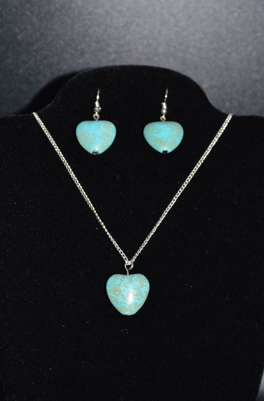 Magnesite Small Heart Pendant Necklace and Earring Set (Turquoise)