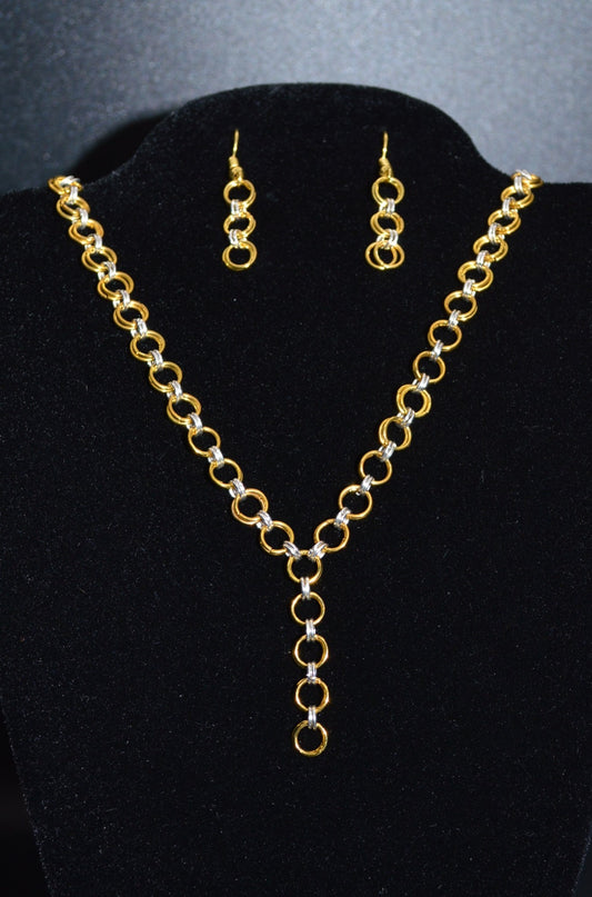 Gold and Silver Hand Linked Chainmail Necklace and Earring Set