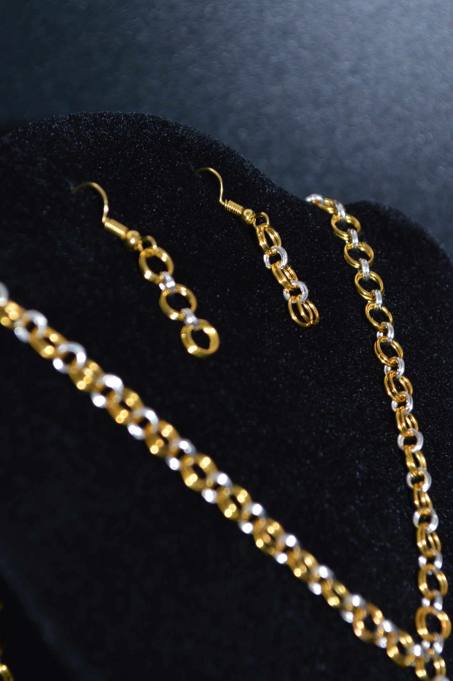 Gold and Silver Hand Linked Chainmail Necklace and Earring Set