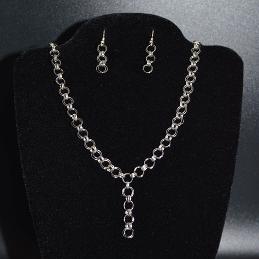 Gunmetal Black and Silver Hand Linked Chainmail Necklace and Earring Set