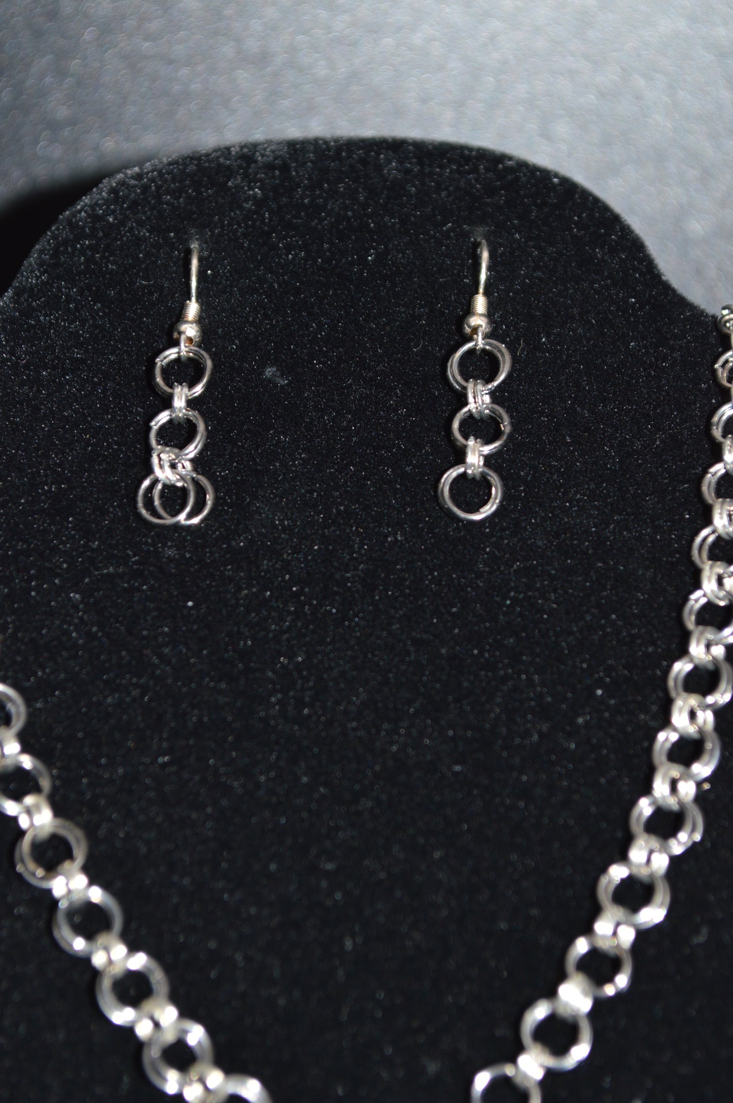 Gunmetal Black and Silver Hand Linked Chainmail Necklace and Earring Set