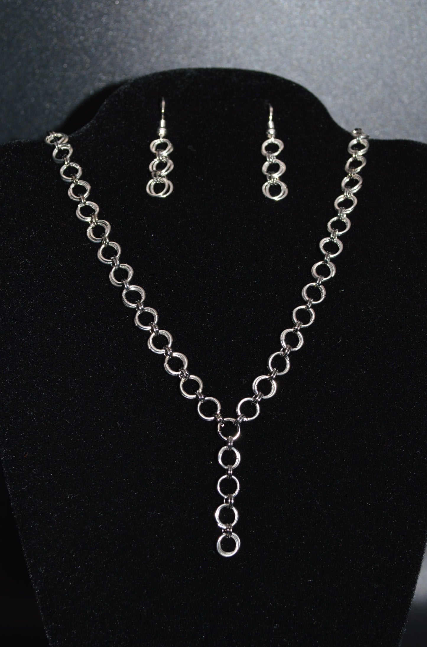 Silver and Gunmetal Black Hand Linked Chainmail Necklace and Earring Set