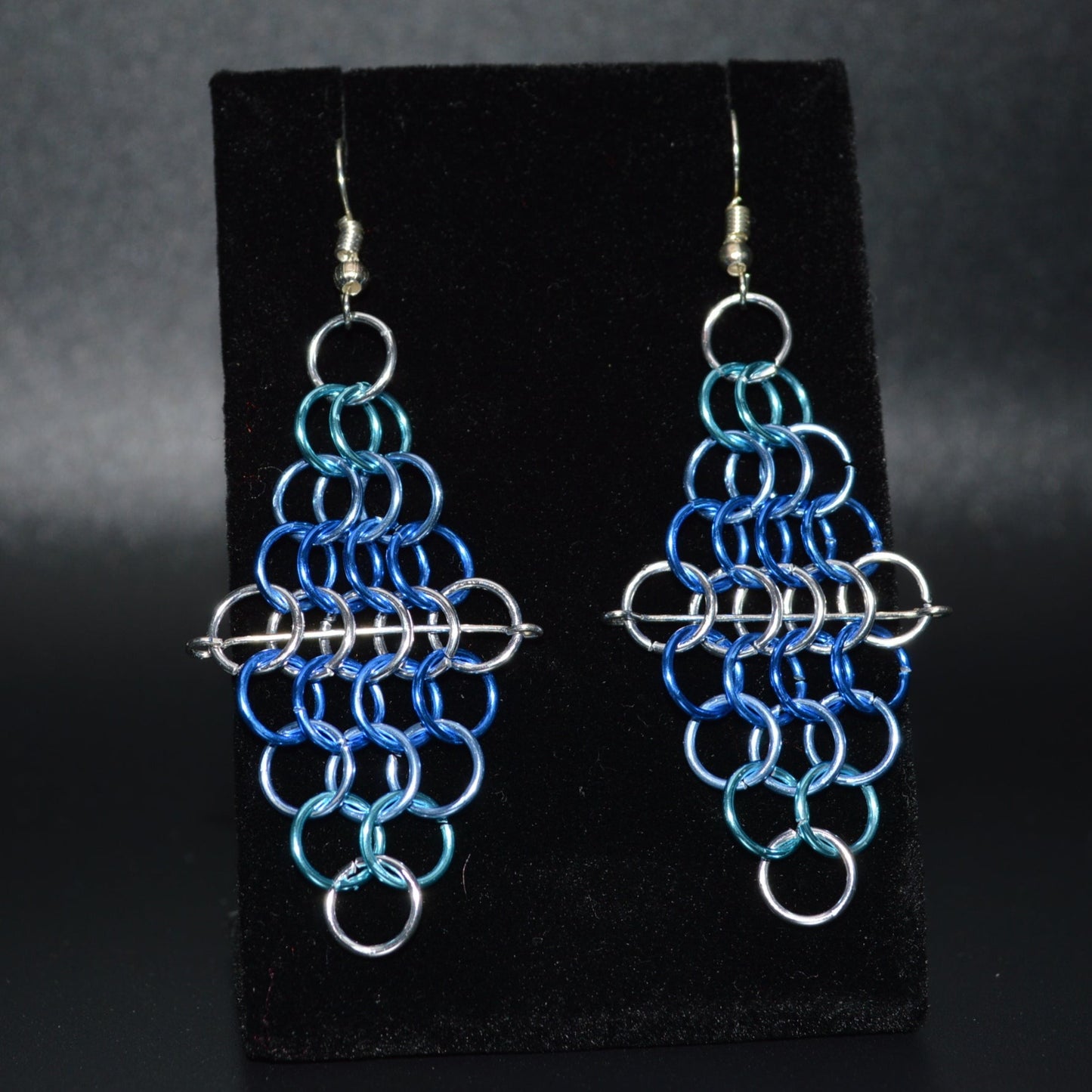 Blue and Silver Diamond Chainmail Earrings