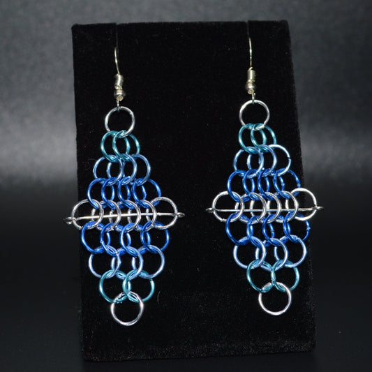 Blue and Silver Diamond Chainmail Earrings