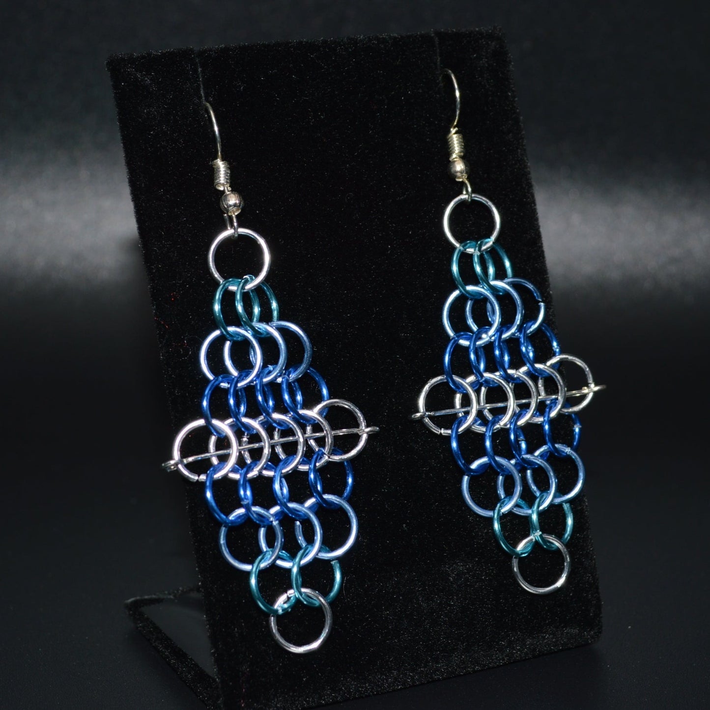 Blue and Silver Diamond Chainmail Earrings