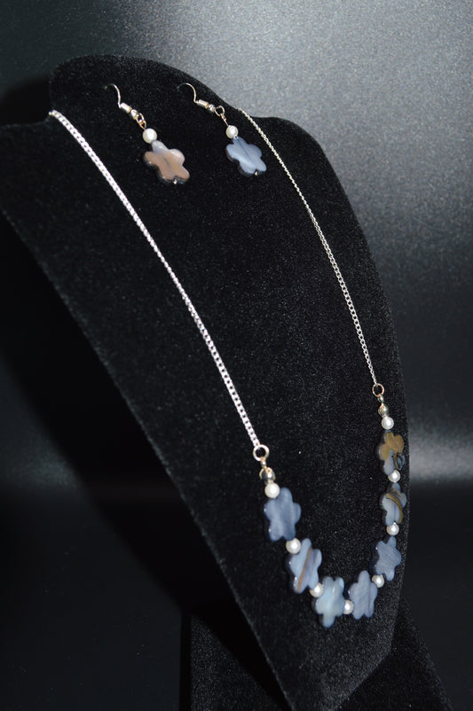 Gray Mother of Pearl Flowers on a Silver Chain Necklace and Earring Set
