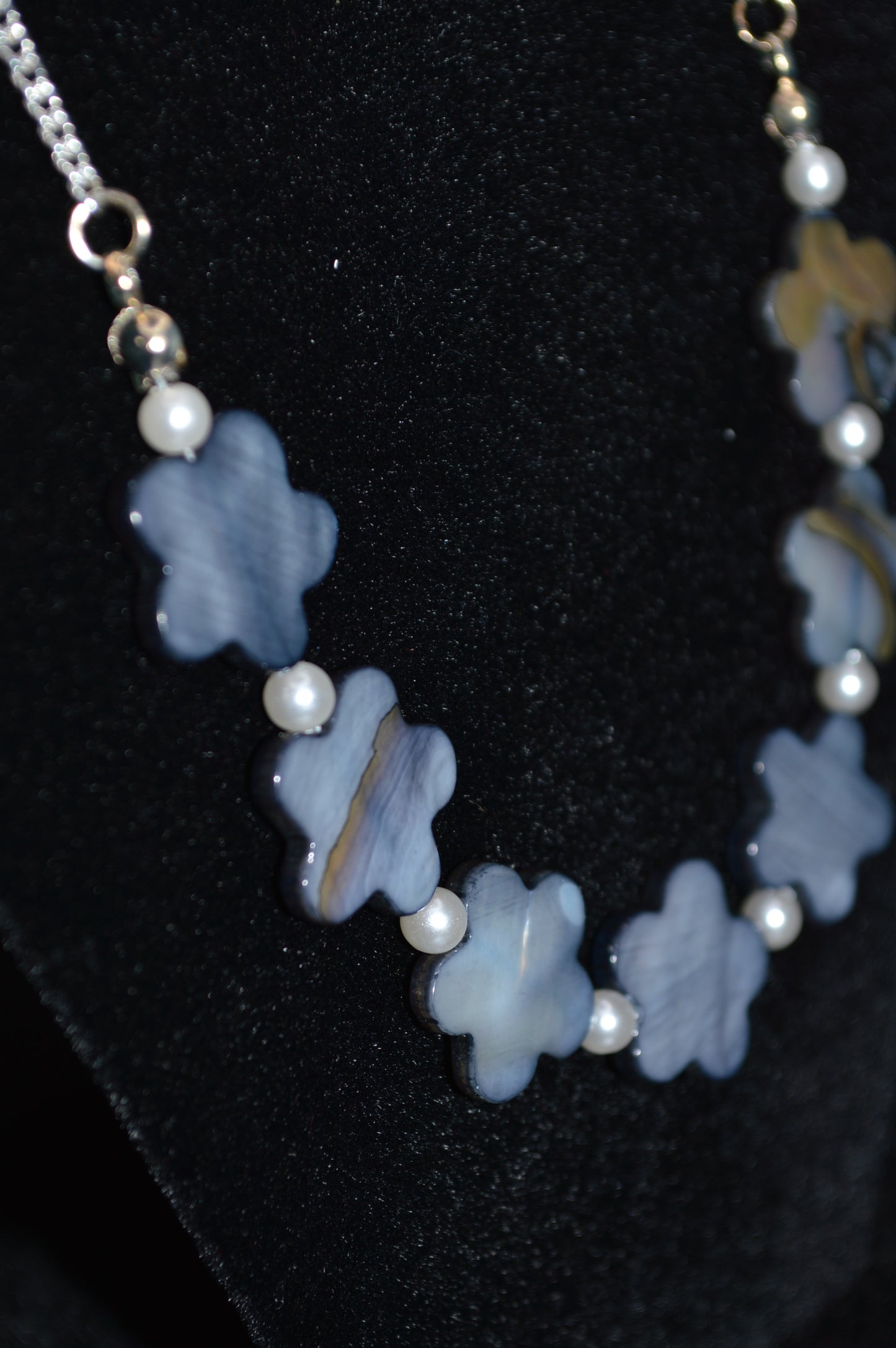 Gray Mother of Pearl Flowers on a Silver Chain Necklace and Earring Set