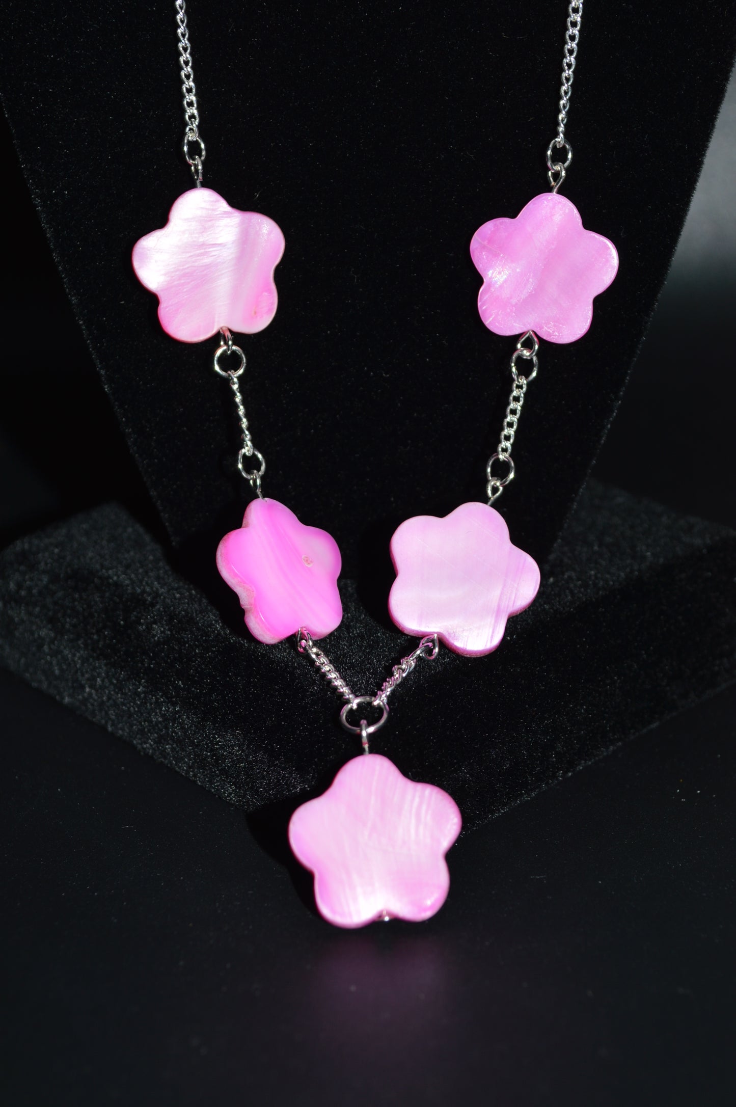 Pink Mother of Pearl Flowers on a Silver Chain Necklace