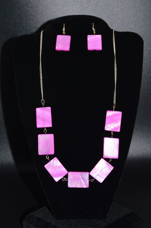 Pink Mother of Pearl Rectangles on a Silver Chain Necklace and Earring Set
