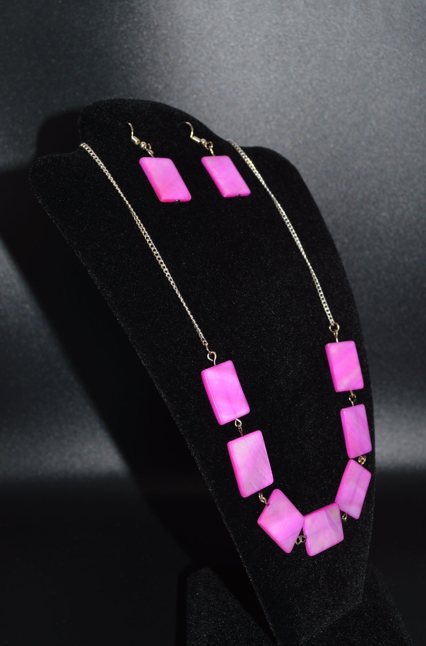 Pink Mother of Pearl Rectangles on a Silver Chain Necklace and Earring Set