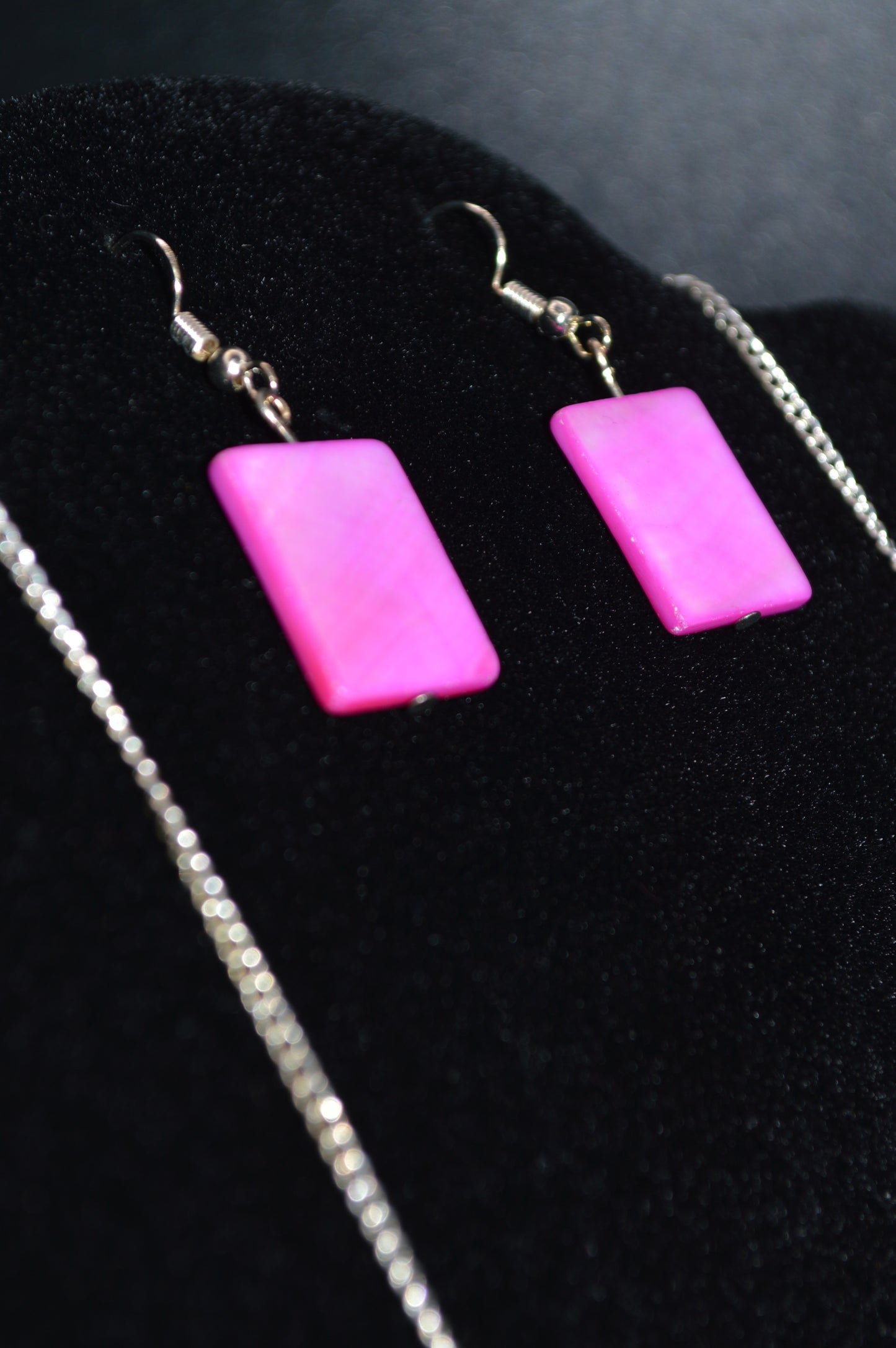 Pink Mother of Pearl Rectangles on a Silver Chain Necklace and Earring Set