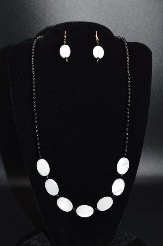 White Mother of Pearl Ovals with Black Beads Necklace and Earring Set