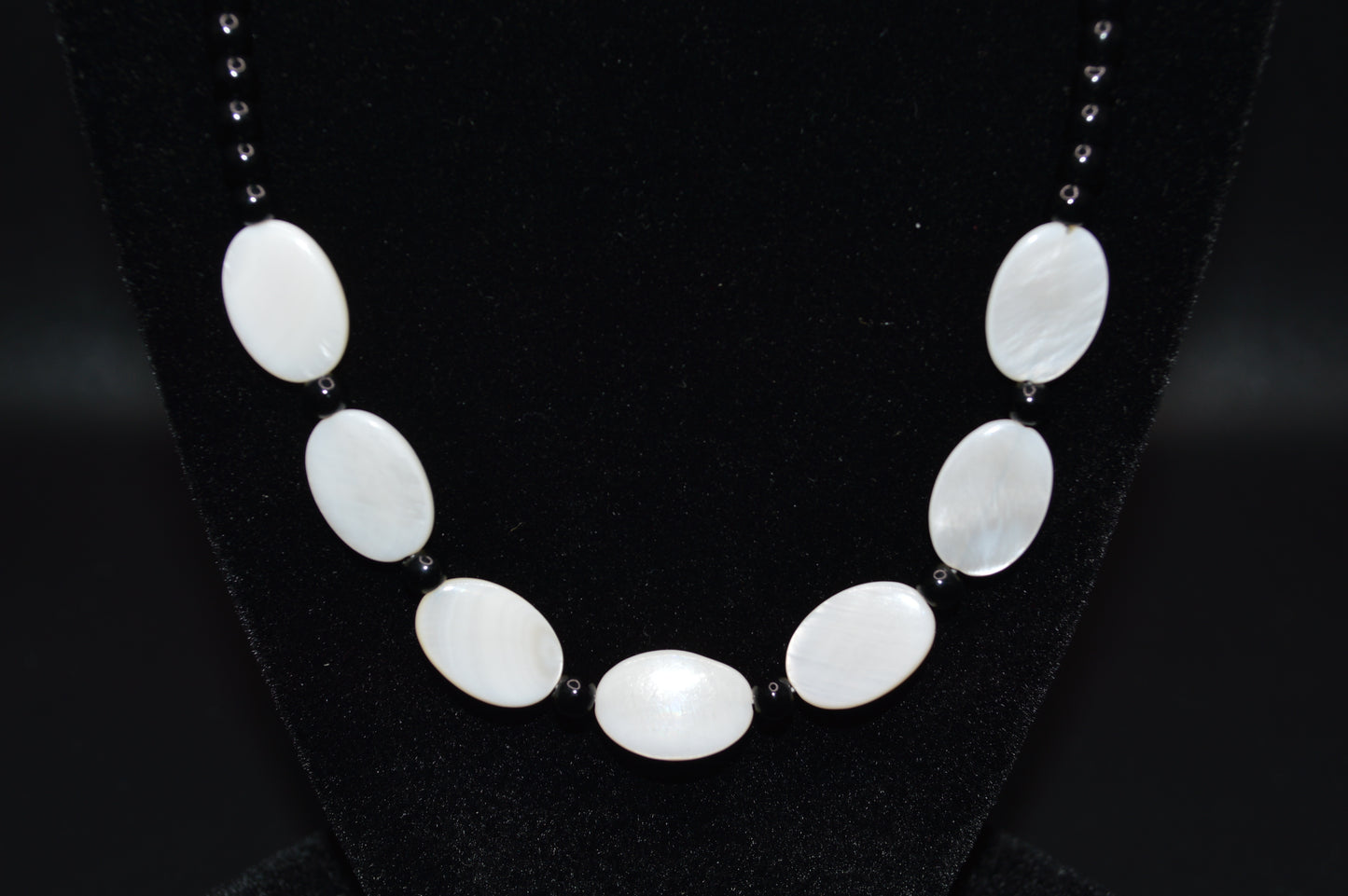 White Mother of Pearl Ovals with Black Beads Necklace and Earring Set