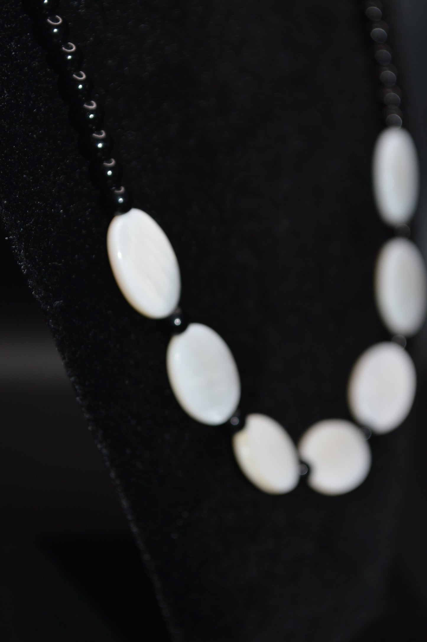 White Mother of Pearl Ovals with Black Beads Necklace and Earring Set