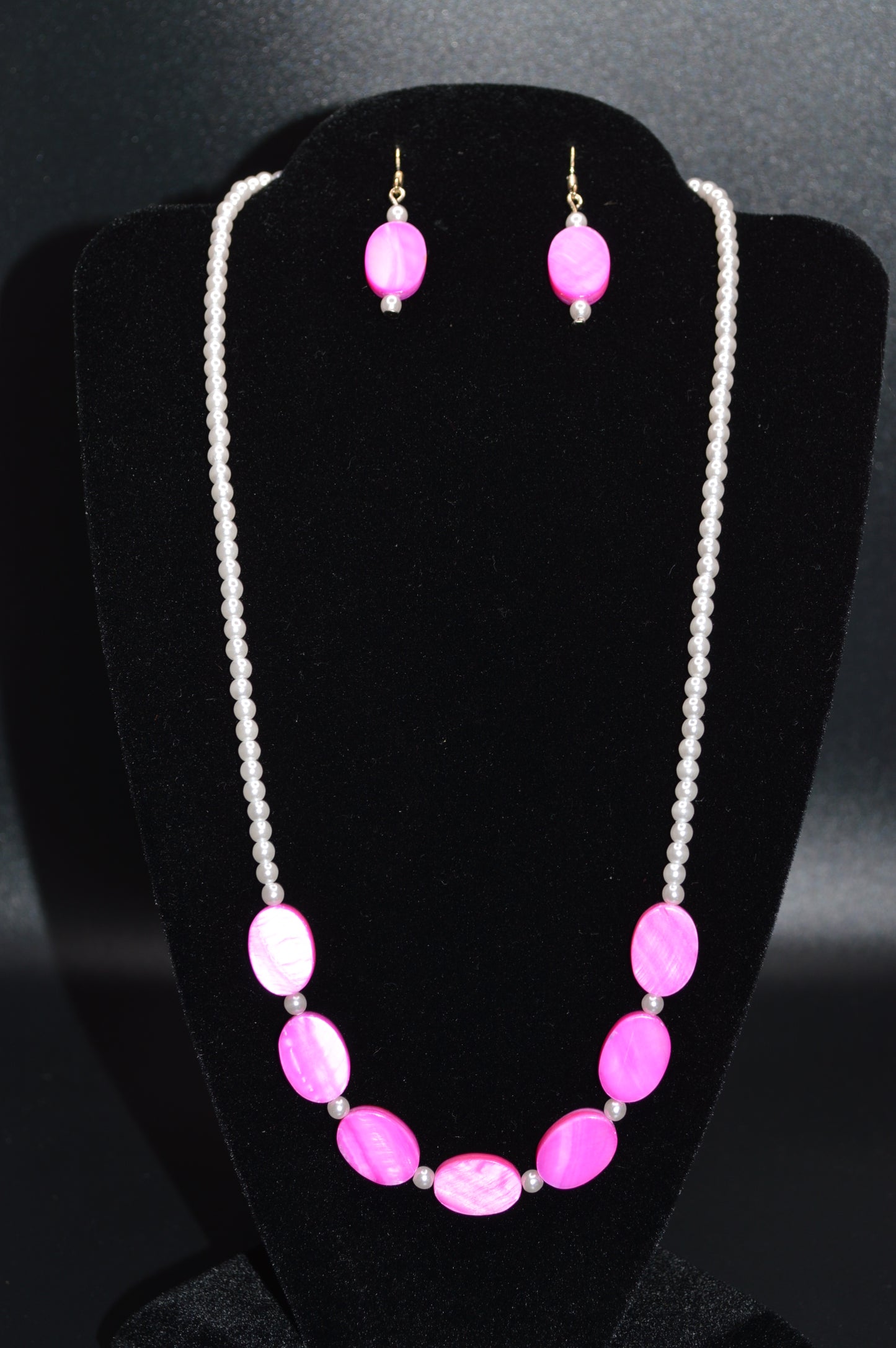 Pink Mother of Pearl Ovals with White Beads Necklace and Earring Set