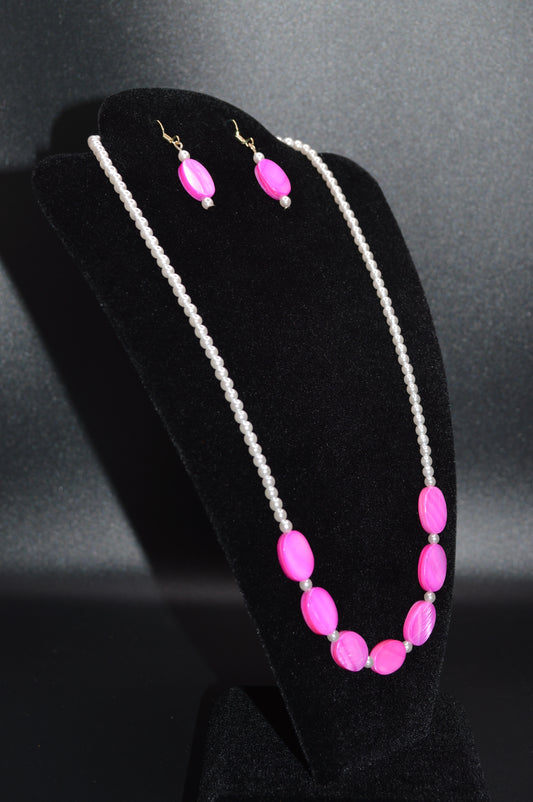 Pink Mother of Pearl Ovals with White Beads Necklace and Earring Set