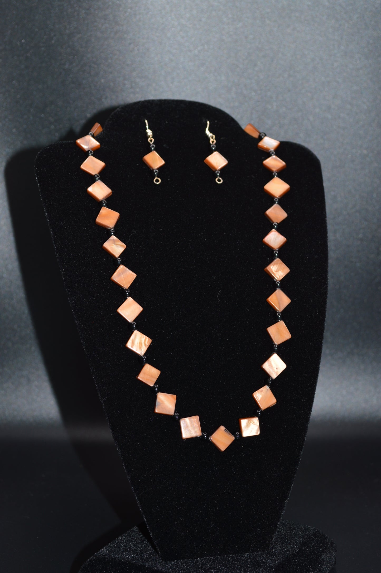 Brown Mother of Pearl Diamonds with Black Beads Necklace and Earring Set