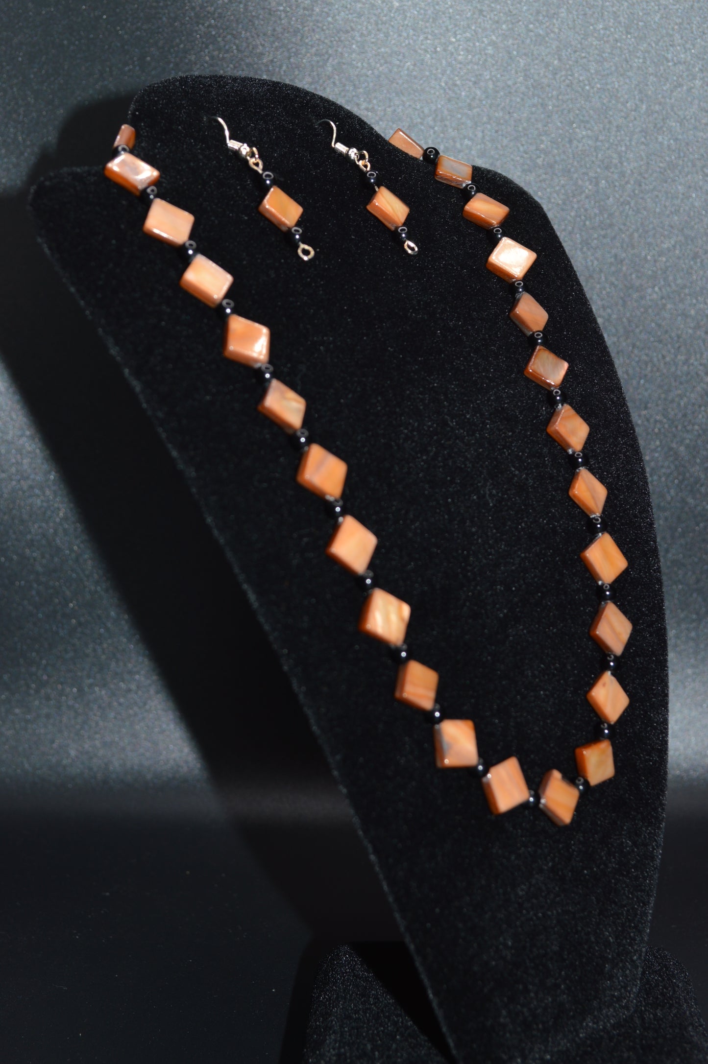 Brown Mother of Pearl Diamonds with Black Beads Necklace and Earring Set