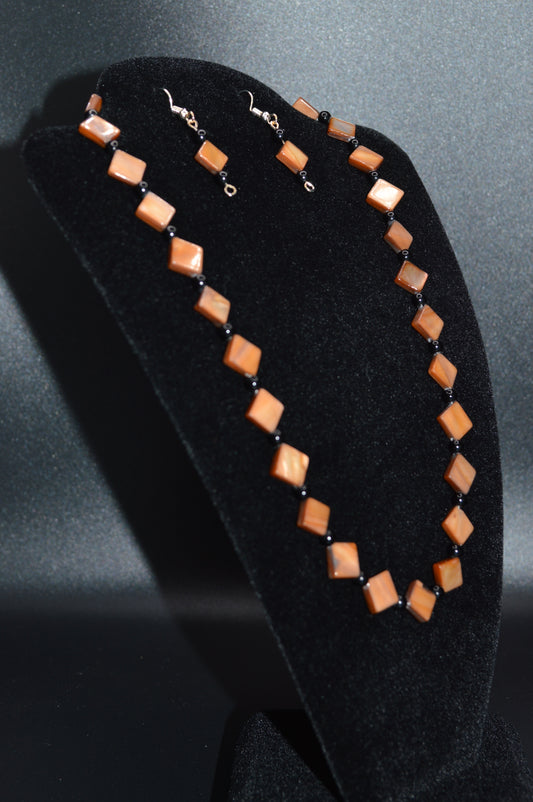 Brown Mother of Pearl Diamonds with Black Beads Necklace and Earring Set