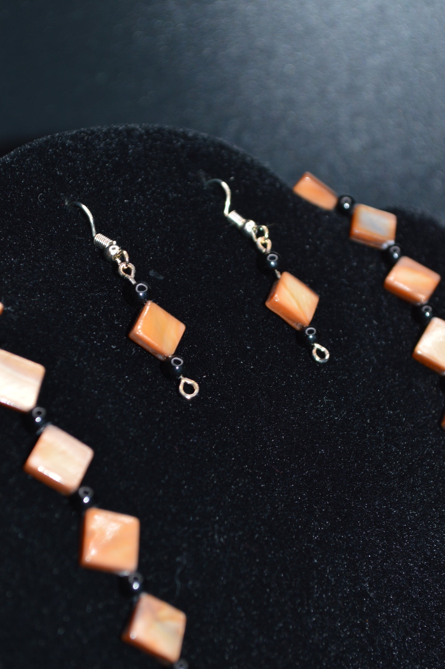 Brown Mother of Pearl Diamonds with Black Beads Necklace and Earring Set