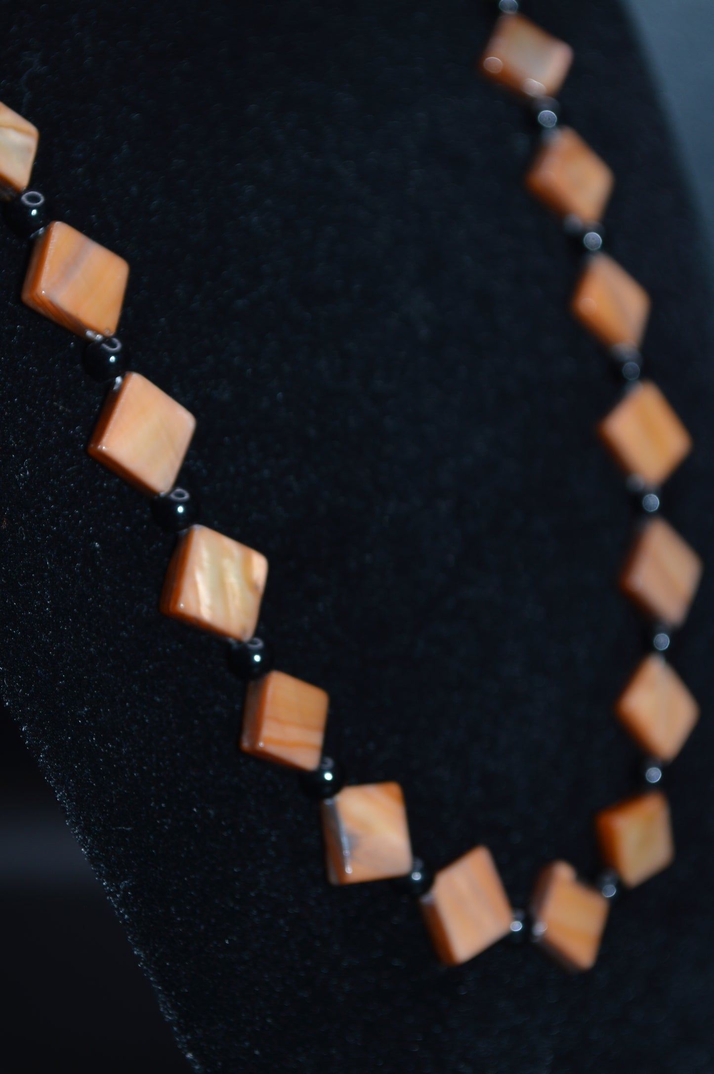 Brown Mother of Pearl Diamonds with Black Beads Necklace and Earring Set