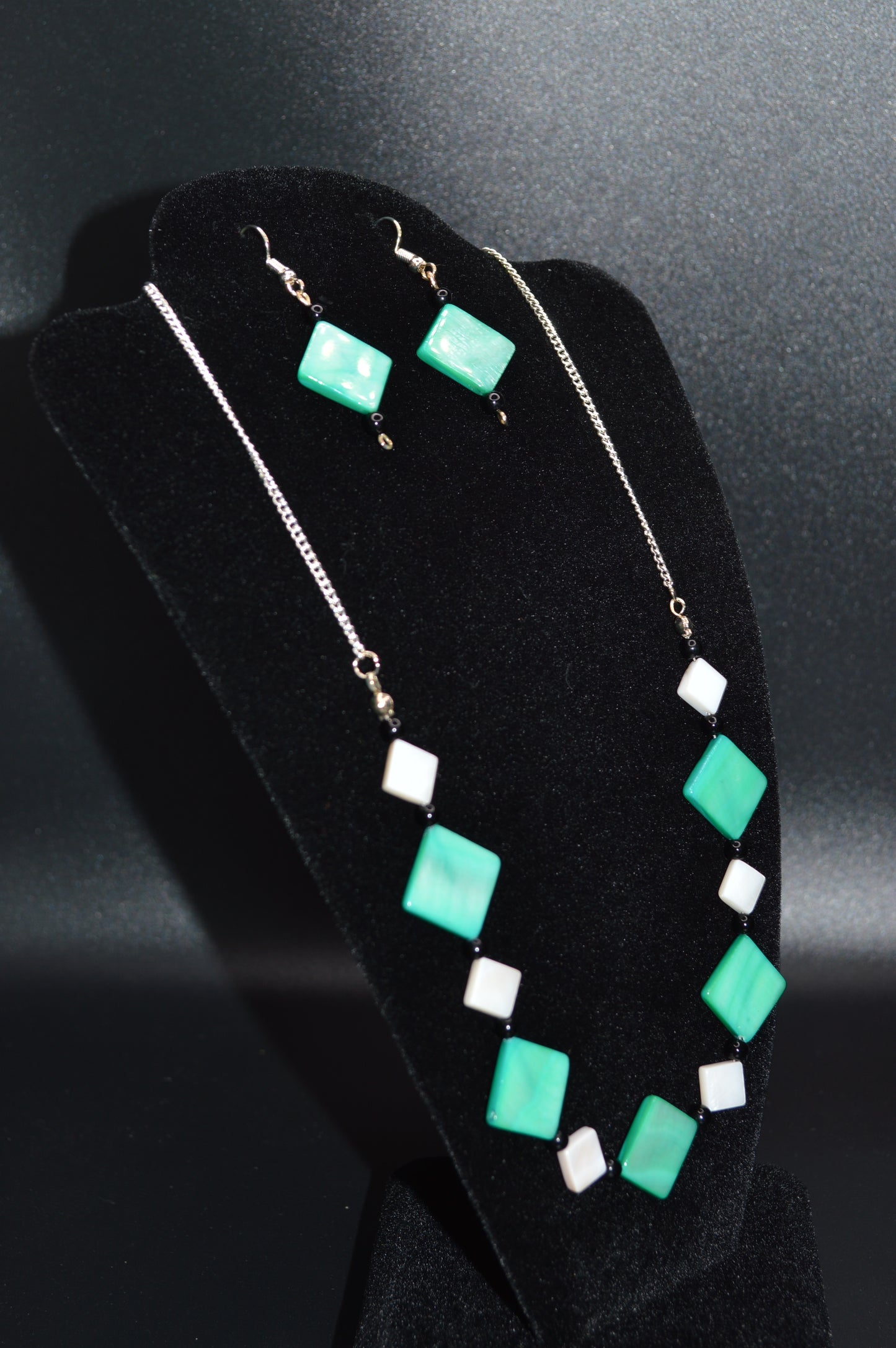 Aqua and White Mother of Pearl Diamonds with Black Beads Necklace and Earring Set