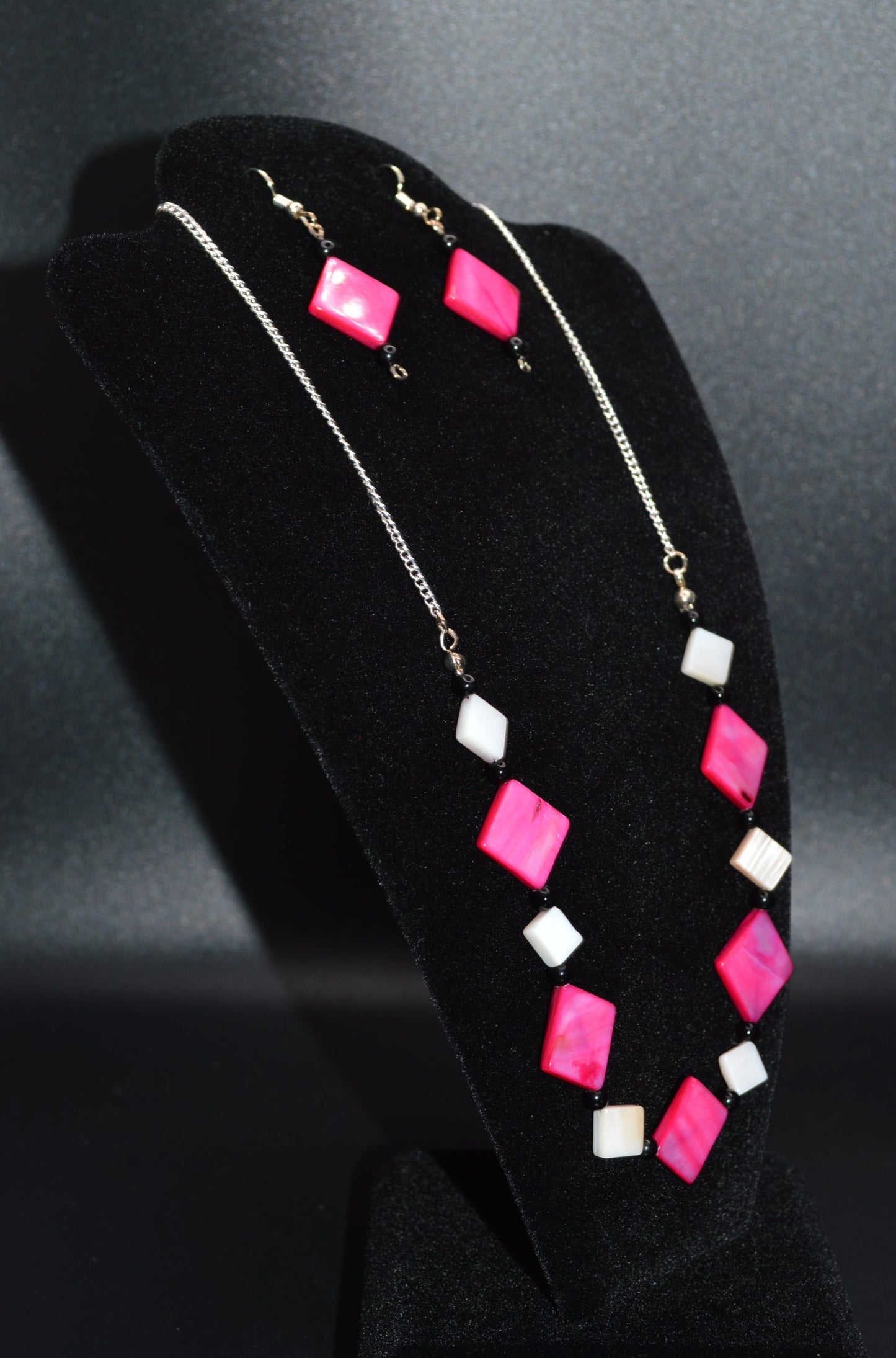 Pink and White Mother of Pearl Diamonds with Black Beads Necklace and Earring Set