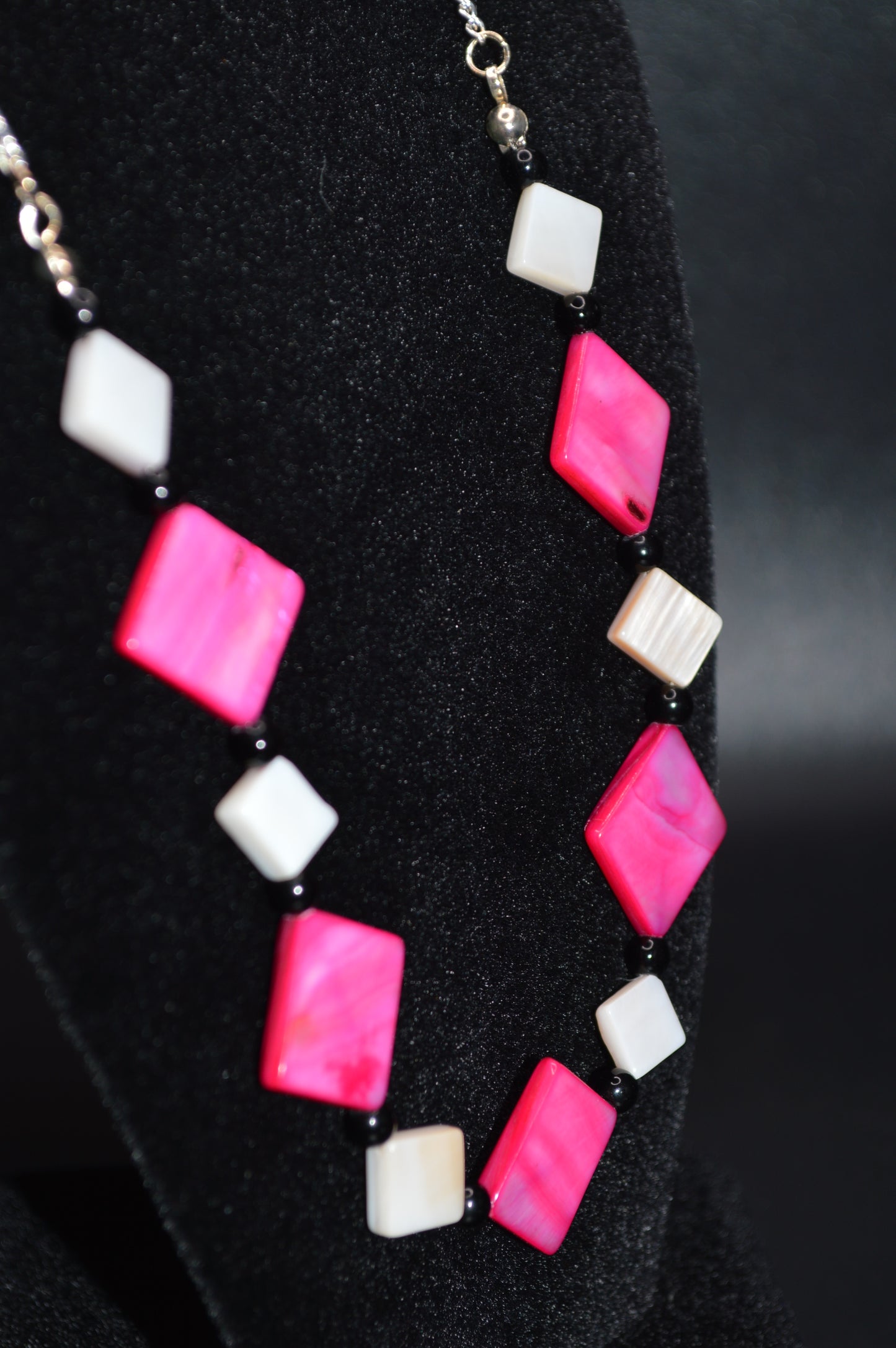 Pink and White Mother of Pearl Diamonds with Black Beads Necklace and Earring Set