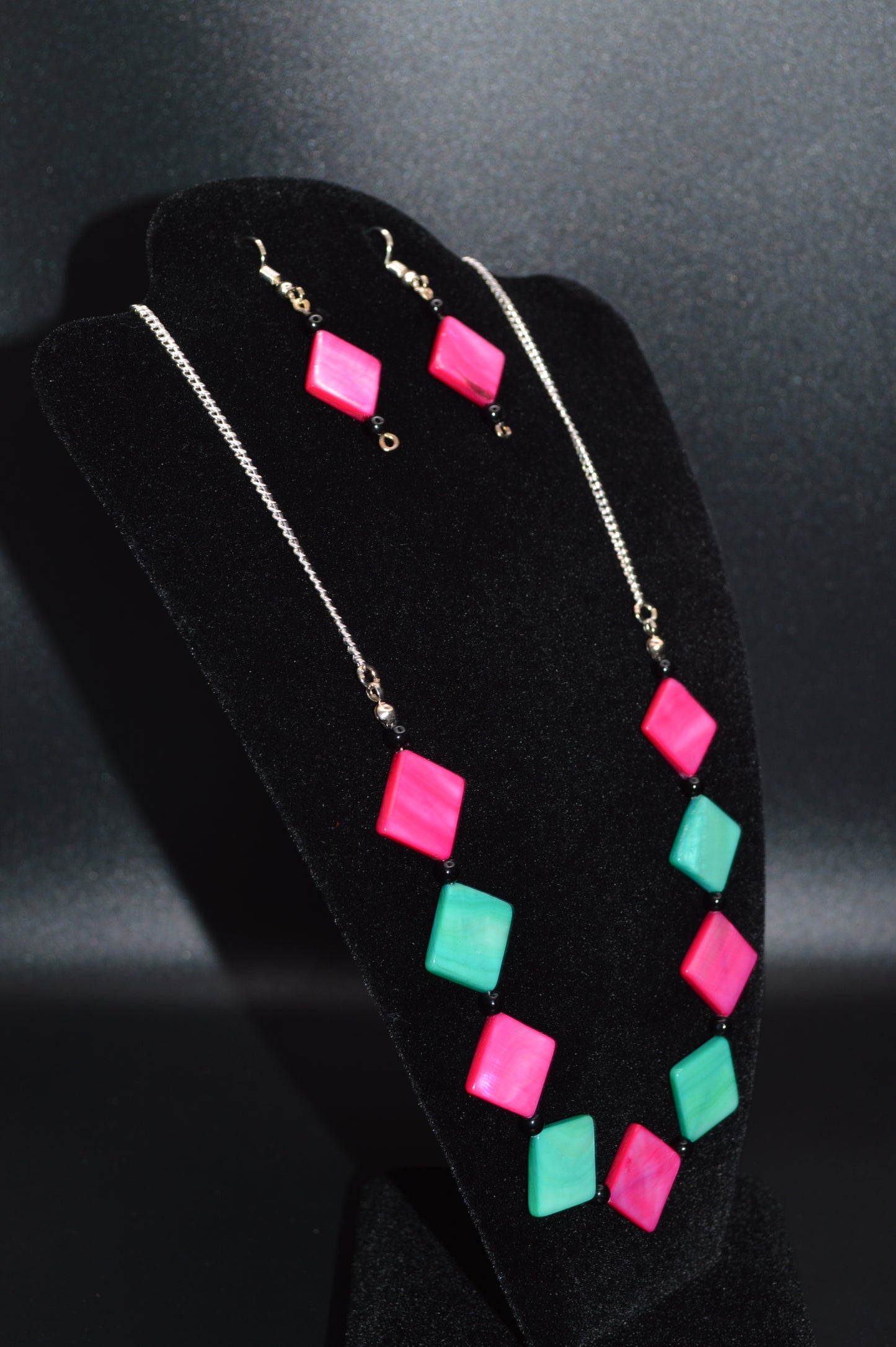 Pink and Aqua Mother of Pearl Diamonds with Black Beads Necklace and Earring Set