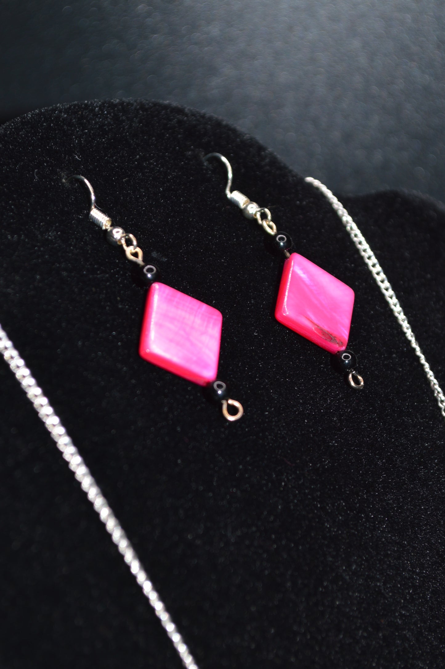 Pink and Aqua Mother of Pearl Diamonds with Black Beads Necklace and Earring Set