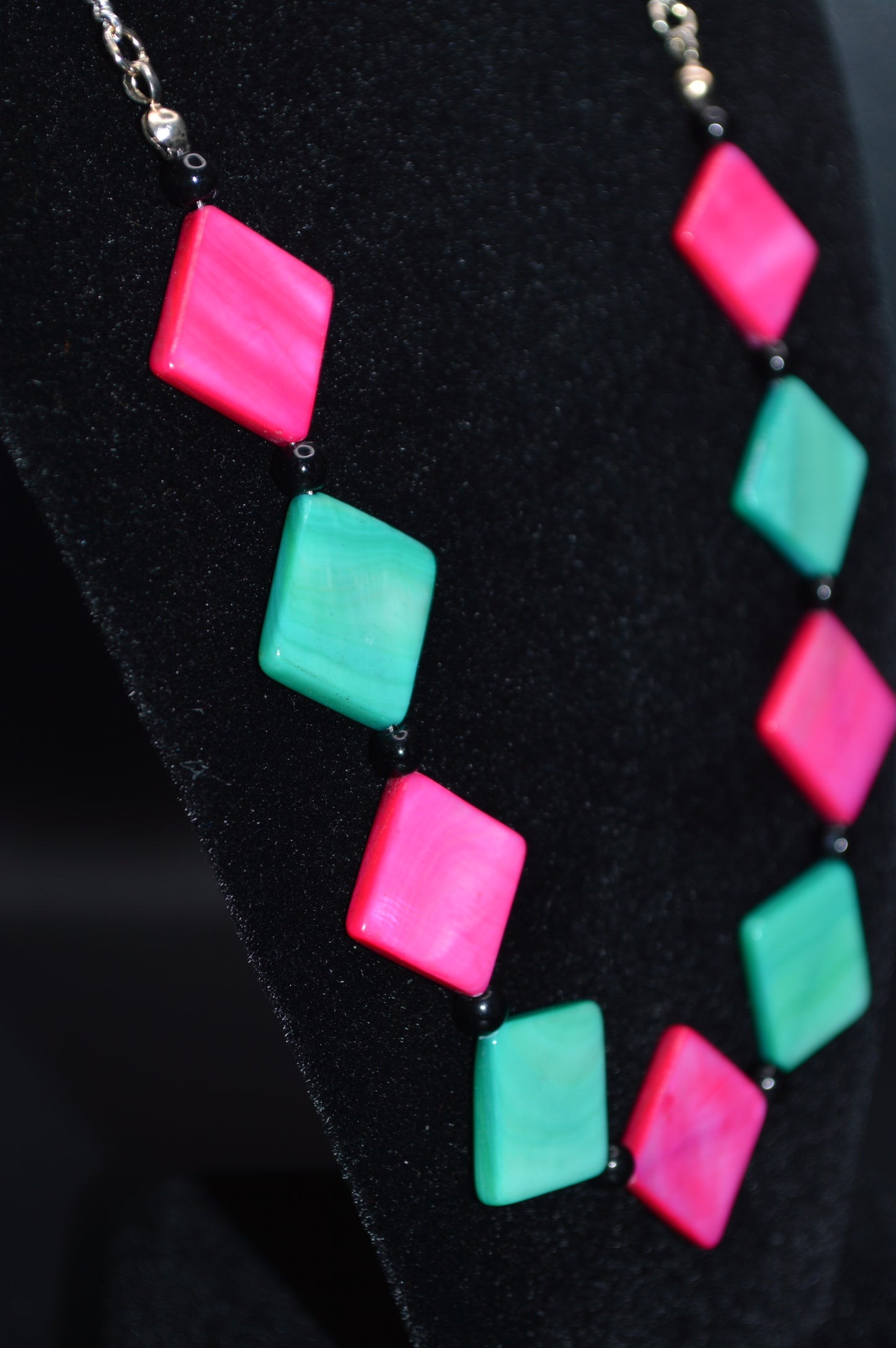 Pink and Aqua Mother of Pearl Diamonds with Black Beads Necklace and Earring Set