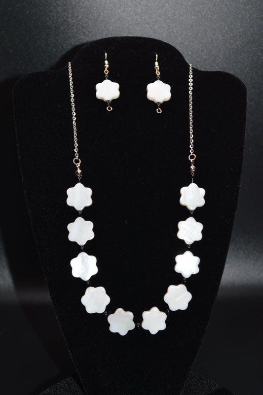 White Mother of Pearl Flowers with Black Beads Necklace and Earring Set