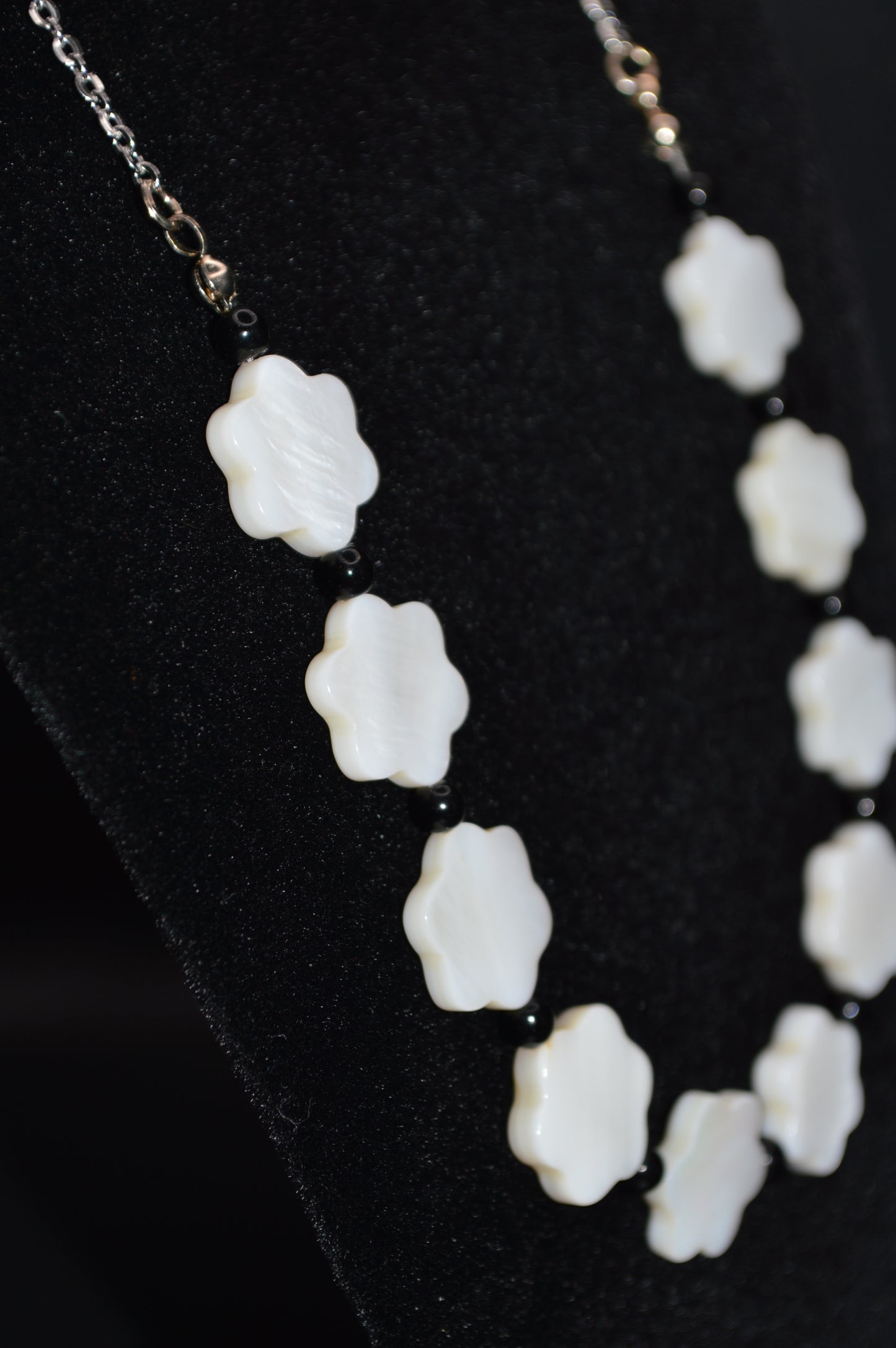 White Mother of Pearl Flowers with Black Beads Necklace and Earring Set