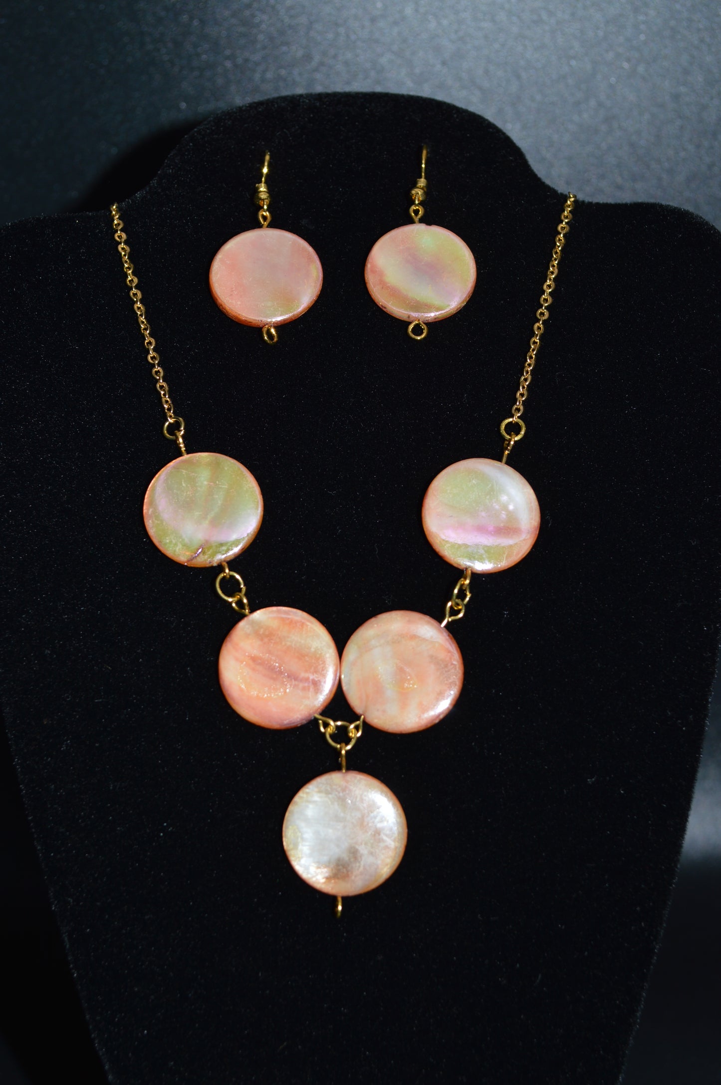 Copper Mother of Pearl Rounds on a Gold Chain Necklace and Earring Set