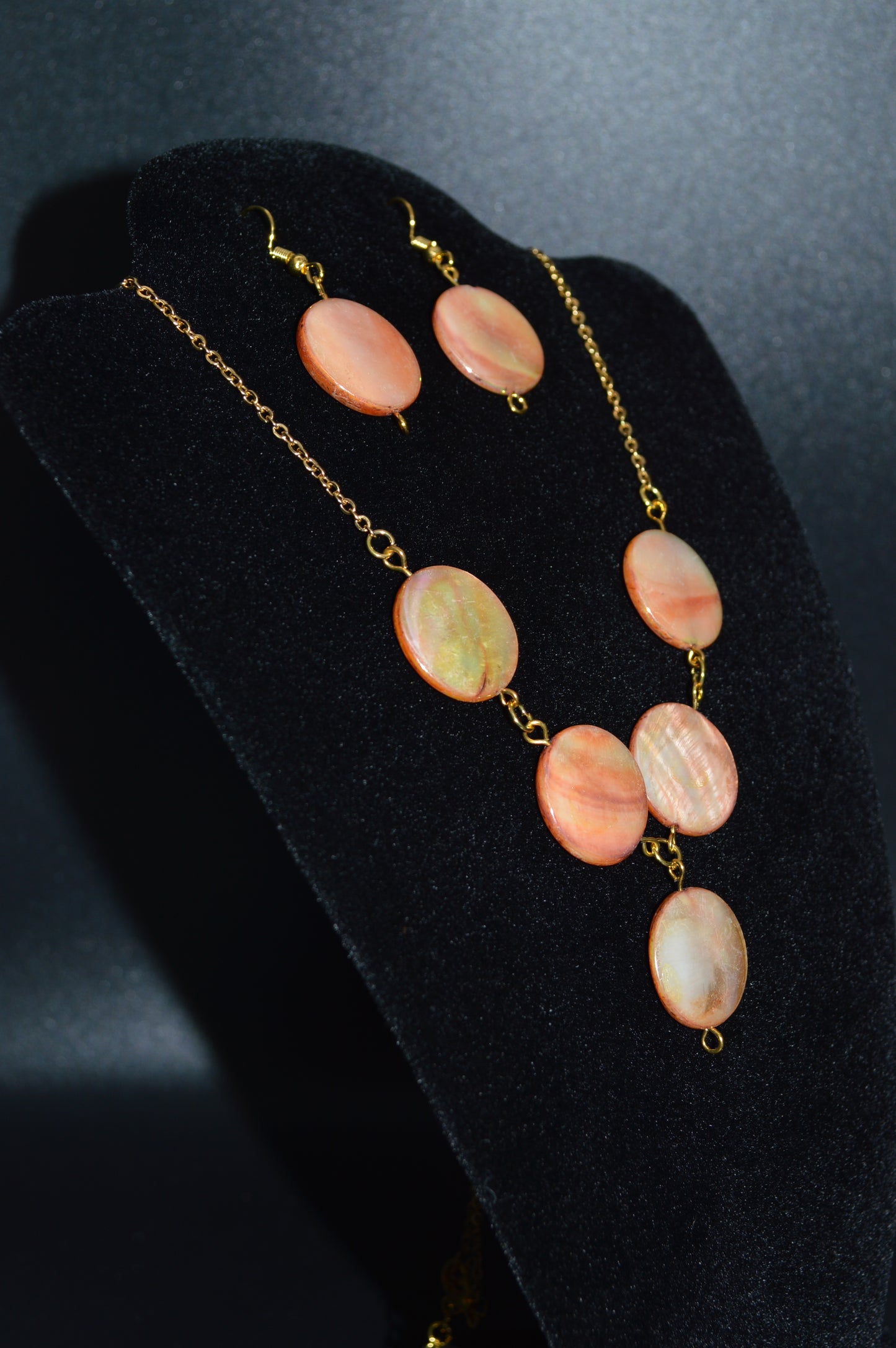 Copper Mother of Pearl Rounds on a Gold Chain Necklace and Earring Set