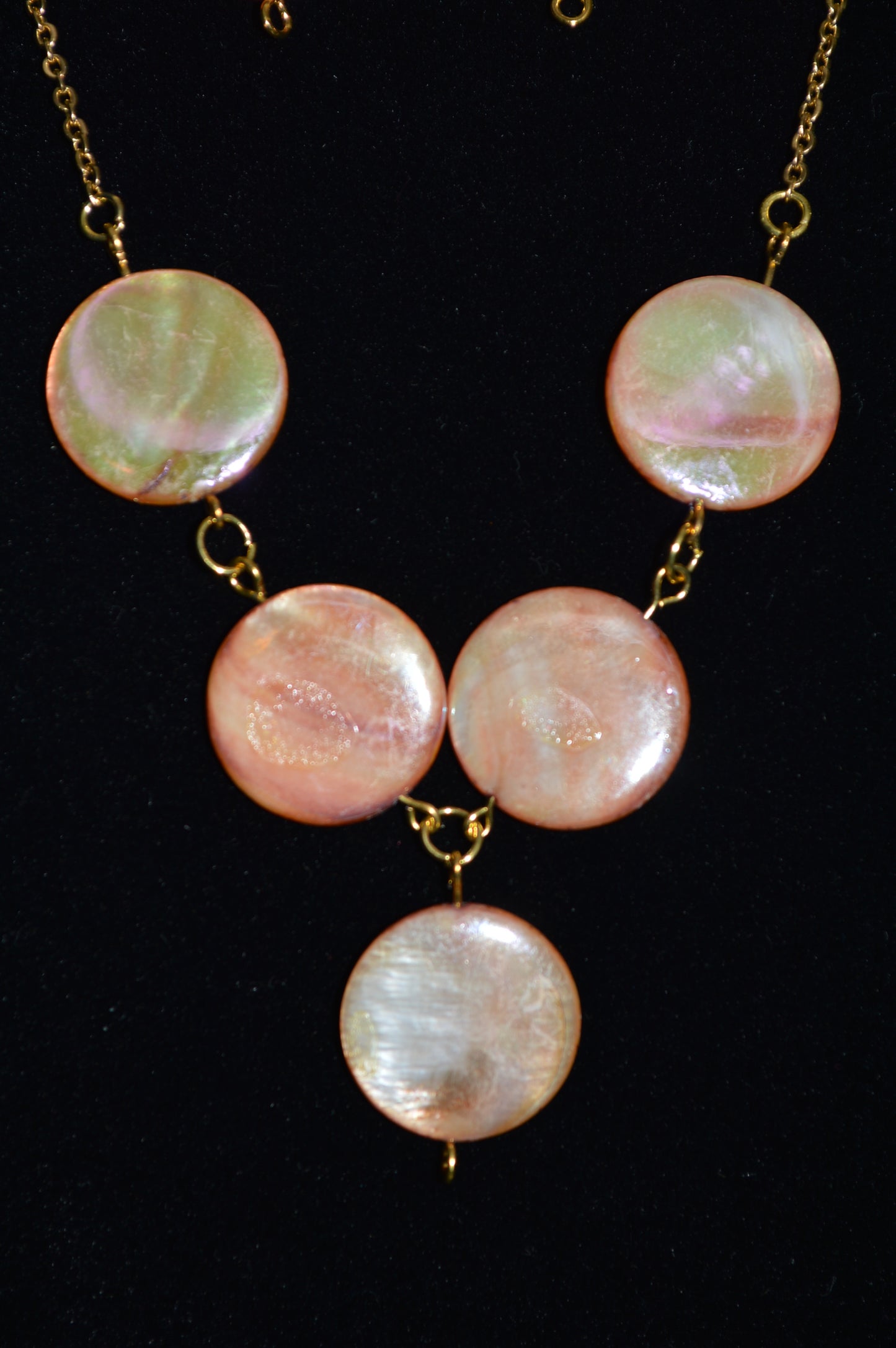 Copper Mother of Pearl Rounds on a Gold Chain Necklace and Earring Set