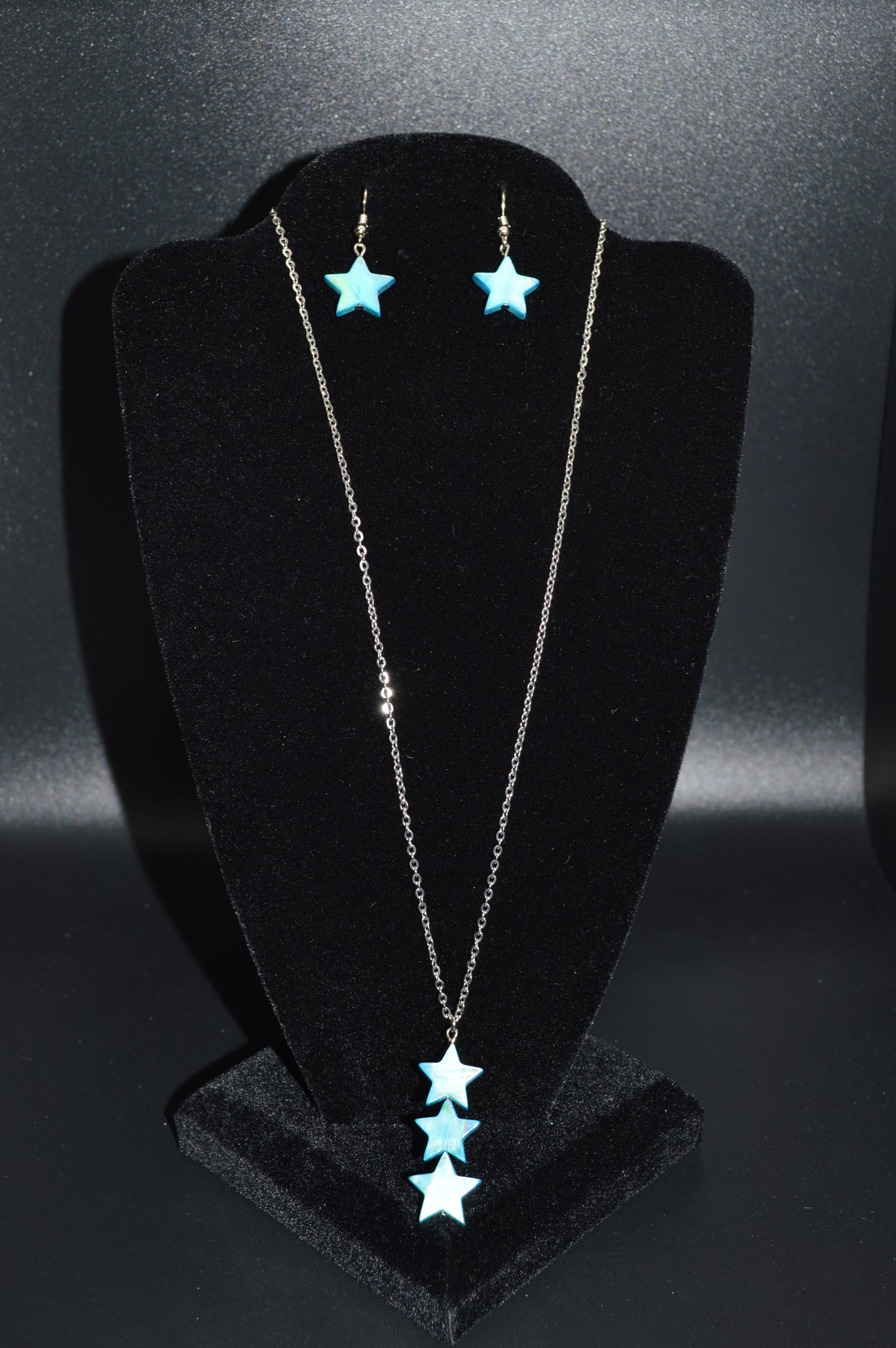 Blue Mother of Pearl Star Pendant on a Stainless Steel Chain Necklace and Earring Set
