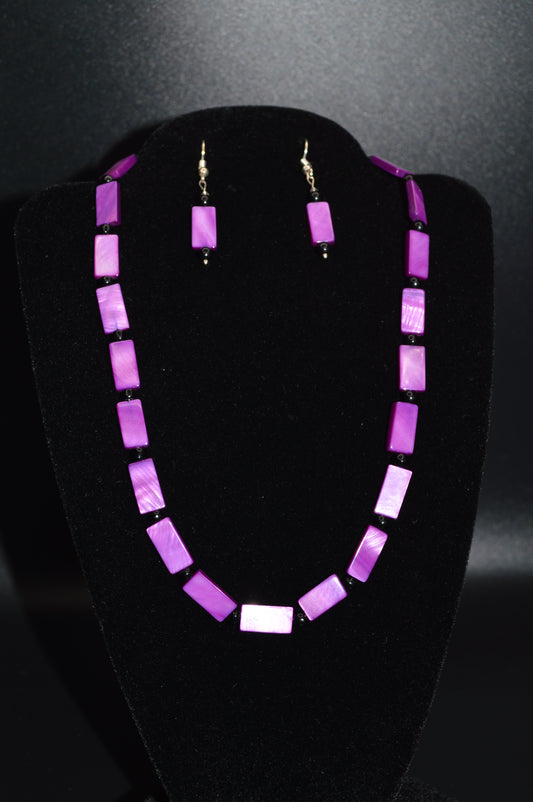 Purple Mother of Pearl Rectangles with Black Beads Necklace and Earring Set