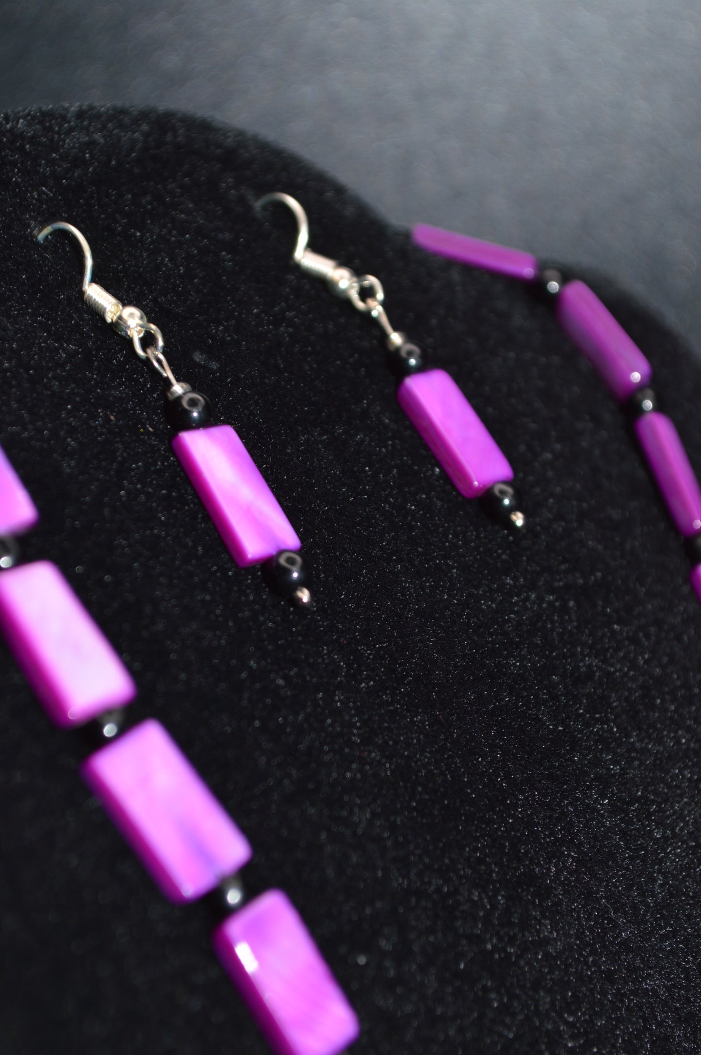 Purple Mother of Pearl Rectangles with Black Beads Necklace and Earring Set