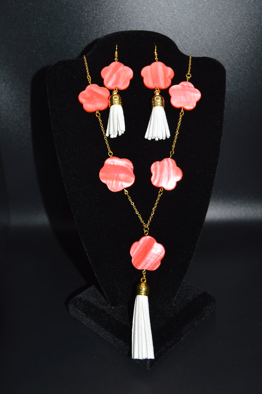 Peach Mother of Pearl Flowers on a Gold Chain with a White Tassel Necklace and Earring Set