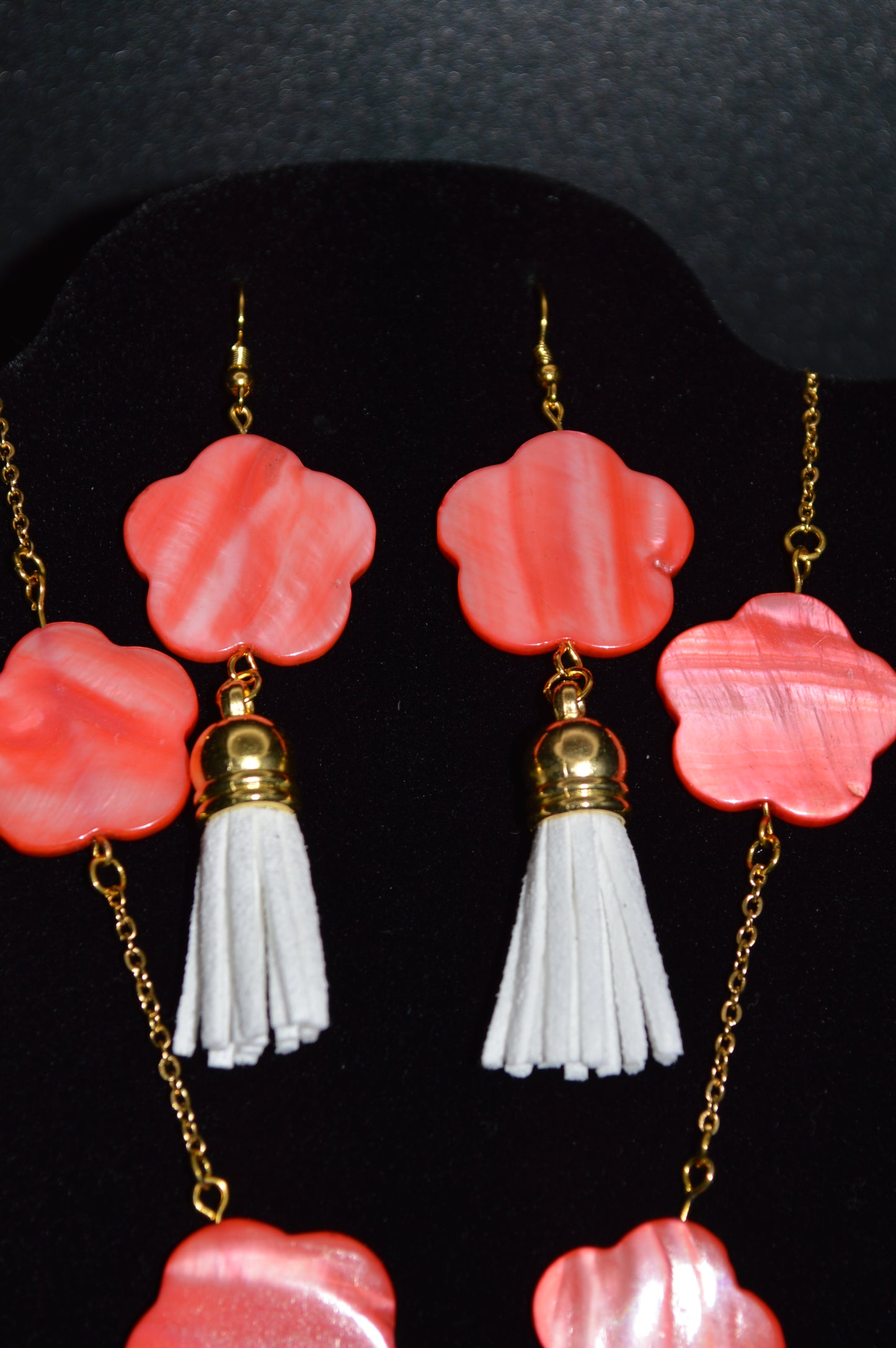 Peach Mother of Pearl Flowers on a Gold Chain with a White Tassel Necklace and Earring Set