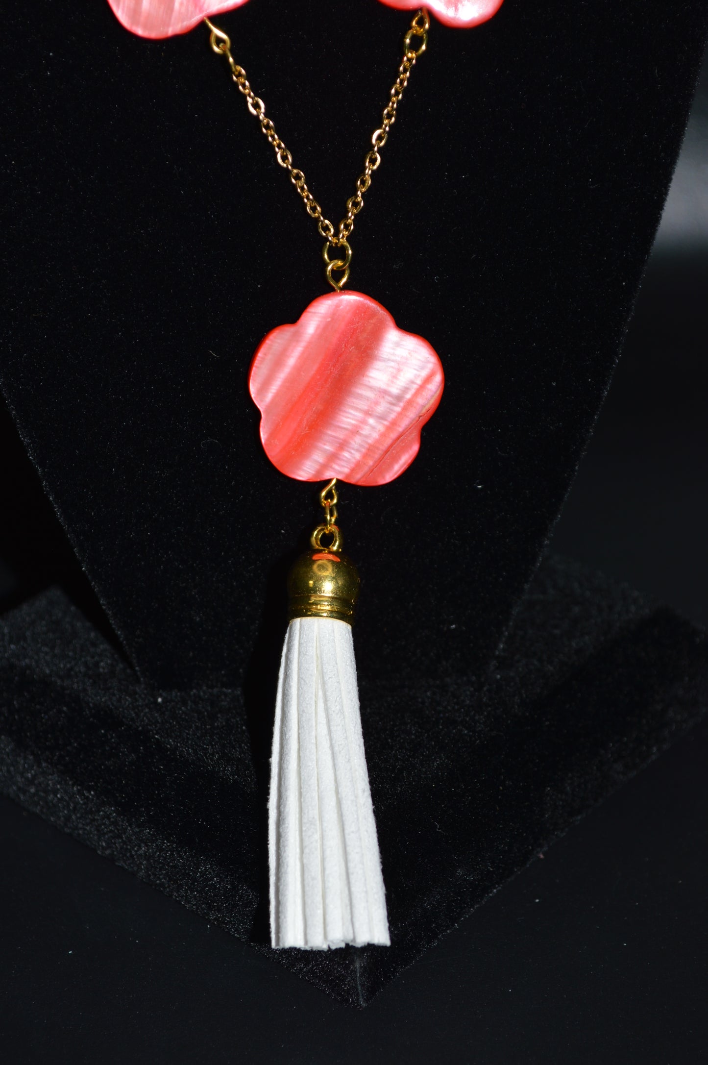 Peach Mother of Pearl Flowers on a Gold Chain with a White Tassel Necklace and Earring Set