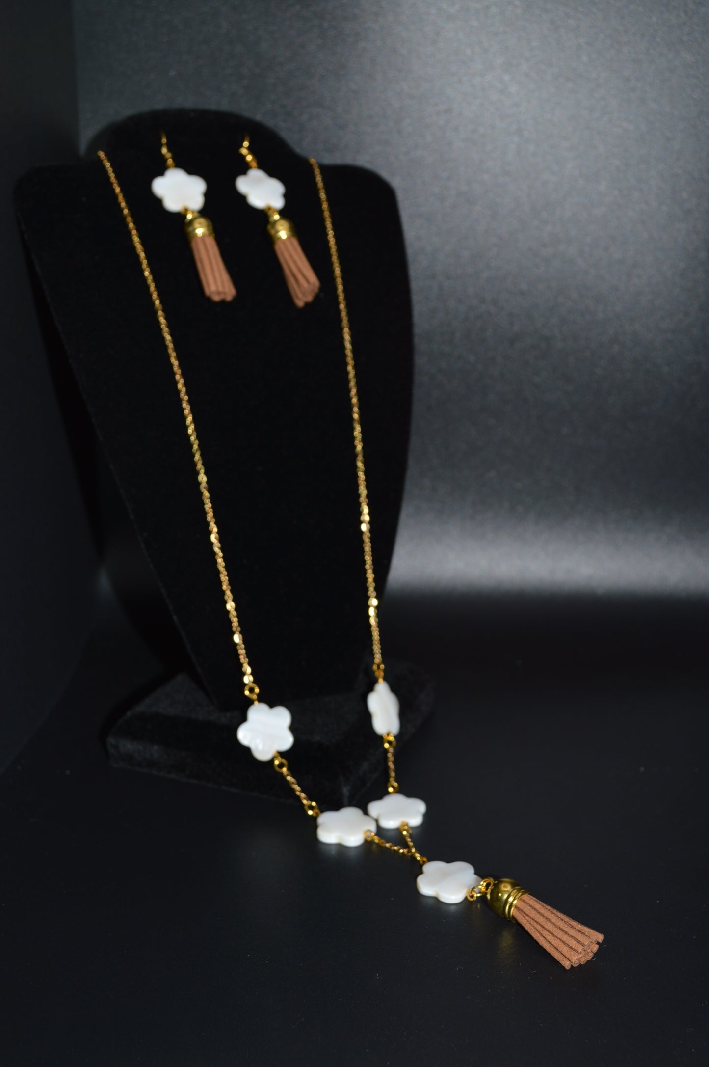 Ivory Mother of Pearl Flowers on a Gold Chain with a Brown Tassel Necklace and Earring Set