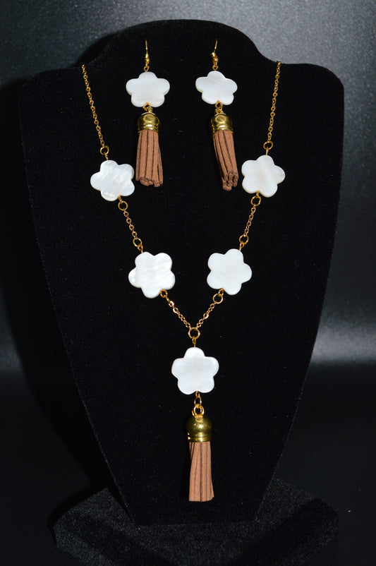 Ivory Mother of Pearl Flowers on a Gold Chain with a Brown Tassel Necklace and Earring Set