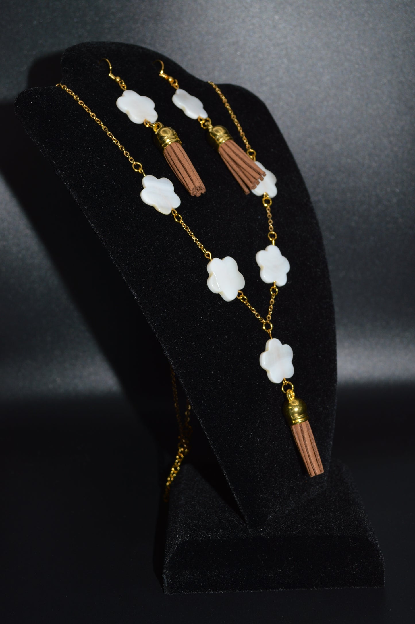 Ivory Mother of Pearl Flowers on a Gold Chain with a Brown Tassel Necklace and Earring Set