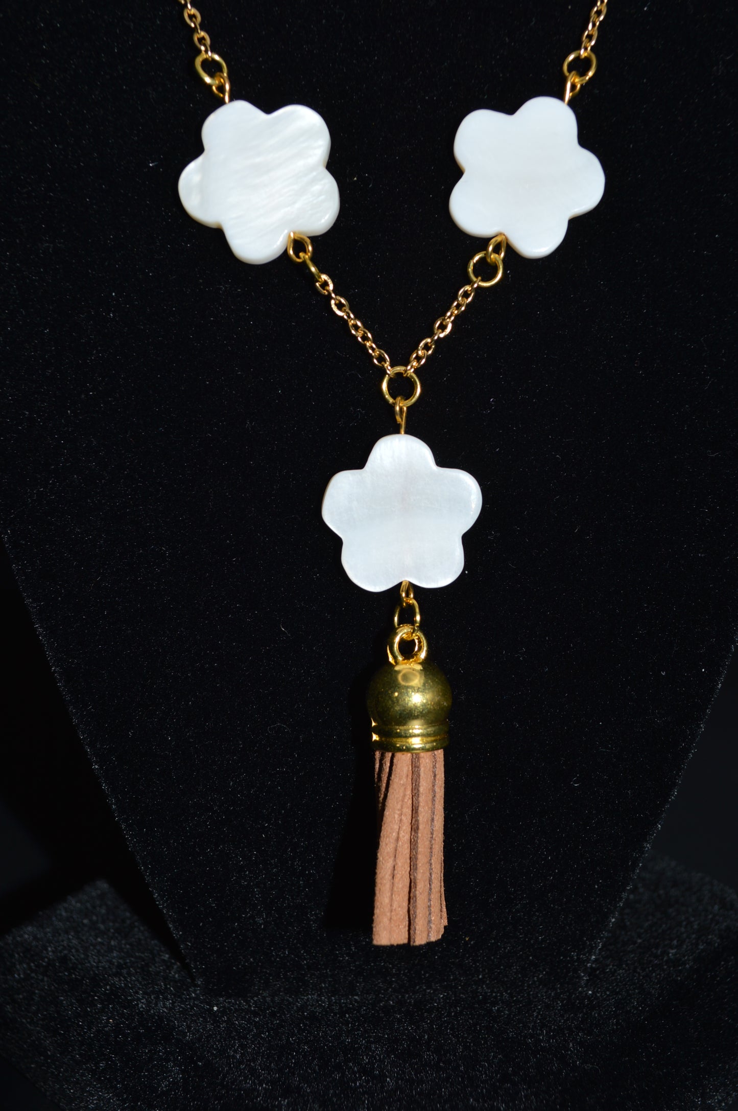 Ivory Mother of Pearl Flowers on a Gold Chain with a Brown Tassel Necklace and Earring Set